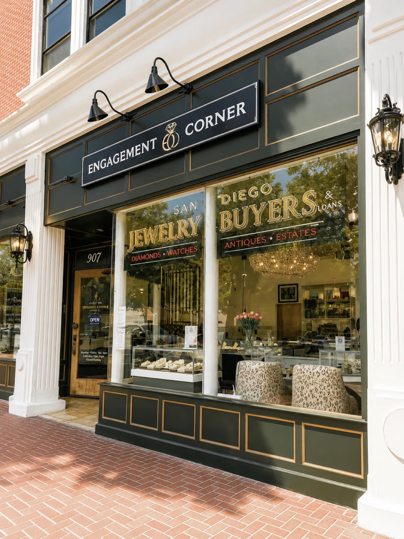 San Diego Jewelry Buyers storefront at 907 6th Ave, green facade with white pillars